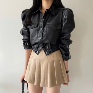 韩国chic复古翻领单排扣双口袋，皮衣外套+高腰，百褶半身裙短裙套装