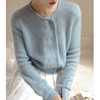 奶蓝色马海毛针织开衫女设计感小众法式慵懒风毛衣外套春秋上衣