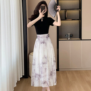 新中式国风盘扣水墨印花套装女夏季时尚气质上衣半身裙两件套