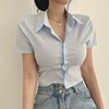 韩国chic夏季减龄复古小众设计感气质翻领衬衣收腰显瘦百搭上衣女