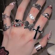 欧美时尚十字架蝴蝶星星，复古做旧女款，设计小众戒指指环十枚入