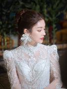 新娘饰品白色羽毛手工耳环简约时尚婚纱礼服，唯美超仙结婚造型配饰