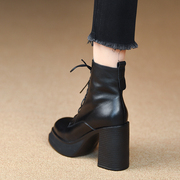 misili系带马丁靴黑色，粗跟短靴秋冬季10cm高跟鞋厚底女靴子