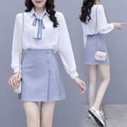 雪纺衬衫学院风套装短裙，女小个子蝴蝶结，白衬衣(白衬衣)半身裙两件