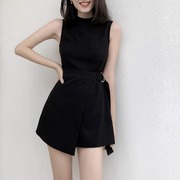 黑色工装雪纺连体短裤2024夏季小个子女装时尚气质无袖连衣裤