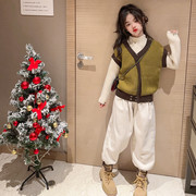 女童韩系假两件拼接毛衣套装洋气中大童，半高领打底奶奶裤两件套韩