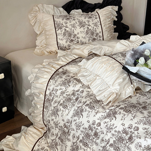 琼花漫野︱法式复古全棉印花四件套，纯棉斜纹褶皱，花边被套床单床品