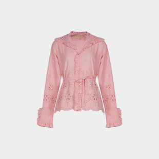 superr 粉色棉麻感刺绣镂空印花花边度假复古可爱系带收腰衬衫
