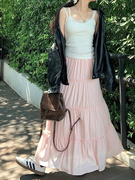 白色半身裙花边拼接粉色蛋糕裙女装，夏季高腰显瘦a字裙蓝色长裙子