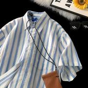大码300斤蓝白条纹衬衫短袖，男女装夏季痞帅宽松衬衣寸衫外套2