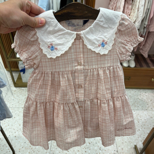 韩国童装24夏女童(夏女童)刺绣，花瓣领粉色，格纹短袖连衣裙韩范衬衣裙