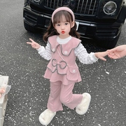 女童春秋款套装2024女宝宝洋气时髦春装韩版儿童小香风三件套