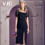 VJC/威杰思春夏女装黑色一字领气质吊带修身开叉连衣裙