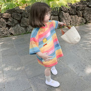 女童长款t恤裙夏款韩版儿童，彩虹条纹裙子宝宝，宽松休闲短袖上衣潮