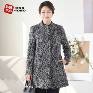 韩国中老年女装外套立领镶钻宽松大码豹纹妈妈冬装上衣j21111008