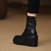 misili防水台坡跟短靴，秋冬季9.5cm黑色，高跟鞋厚底真皮女靴子