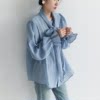 XINER 法式蓝色蝴蝶结衬衫女飘带气质上衣设计感小众2024春季