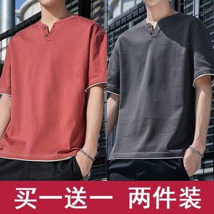 广州十三行潮流短袖男T恤 夏季V领纯棉潮牌百搭个性立领上衣