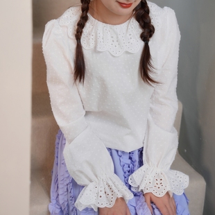 TT unique 原创设计白色立体点纯棉灯笼袖长袖女上衣韩系温柔小衫