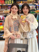 2023冬季清朝格格服装新中式国风粉色印花马甲旗袍连衣裙两件套女