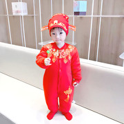 婴儿红色连体衣秋冬中国风加厚纯棉男女宝宝满月百天服保暖拜年服