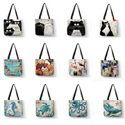 亚马逊帆布包高清数码印花亚麻购物袋猫咪图案环保便携麻布包
