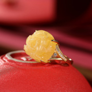 国潮民族风s925纯银，镀金镶黄蜜蜡牡丹花原创设计女士天然琥珀戒指