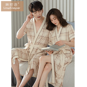 情侣睡袍女士夏季纯棉短袖，睡衣日式和服，浴衣男士格子加大码浴袍