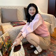 韩系学院风甜美粉色圆领毛衣马甲女2023小个子叠穿针织背心