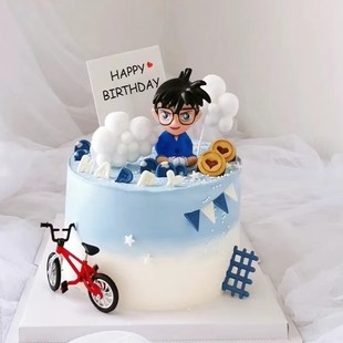 创意生日蛋糕装饰儿童动漫名，侦探柯南插牌自行车模型烘焙甜品摆件