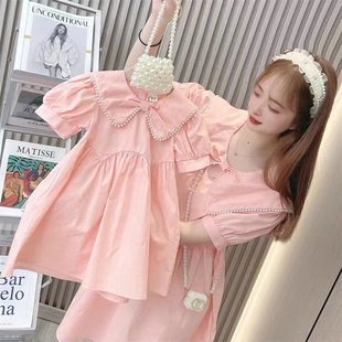 韩版炸街亲子装2023夏季母女装珍珠领连衣裙女童短袖公主裙子