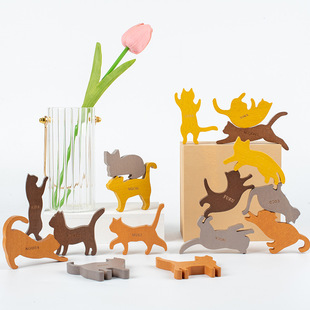外贸卡通动物小猫叠叠乐积木平衡叠叠高创意(高创意)堆塔木制摆件早教玩具