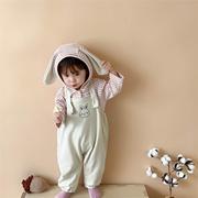婴儿衣服春秋宝宝连体衣套装长袖，条纹兔耳朵，连帽卫衣背带裤两件套