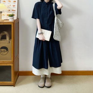 自制日系工装风藏青色衬衫裙，女夏小个子学生短袖松弛感穿搭连衣裙