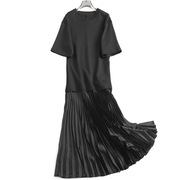 黑色赫本风显瘦圆领短袖相拼假两件百褶裙，长裙春夏连衣裙m420