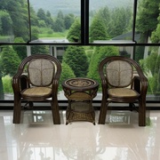 新古典天然真藤椅三件套家用阳台客厅单人编织靠背休闲老式藤椅子
