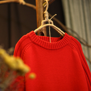红色宽松毛衣女套头圆领纯棉线衫加厚慵懒风百搭新年圣诞内搭上衣