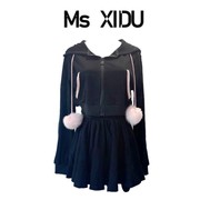 Ms XIDU 2024黑色日系宽松学院风短款兔耳卫衣显瘦薄款套装秋