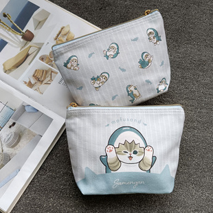 日单卡通mofusand鲨鱼猫系列纯棉，帆布双面图案化妆包收纳包包中包