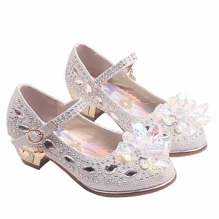 灰姑娘水晶鞋儿童春秋女童公主，单鞋小女孩高跟童鞋女表演皮鞋水钻