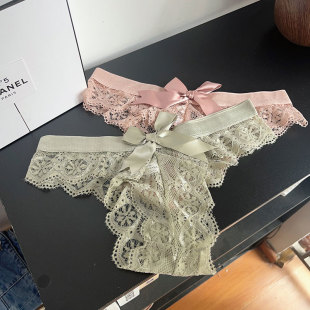 PANTIES 蕾丝性感低腰丁字裤女少女无痕禁欲私房蝴蝶结女士三角裤