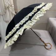 美貌的lolita洋伞荷叶花边，手动长柄伞，黑胶遮阳伞超强防晒竹节手柄