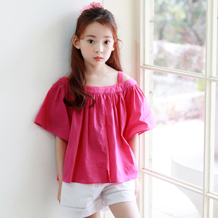 童装韩版女童夏装露肩公主娃娃衫，儿童纯棉喇叭袖，上衣简约文艺t恤