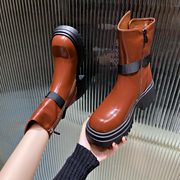 英伦风机车靴网红马丁靴女2023年冬季圆头，粗跟高跟侧拉链靴子