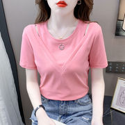 露肩短袖t恤女夏季韩版修身显瘦百搭设计感拼接假两件上衣服
