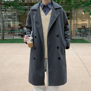 春秋季毛呢大衣男士日系宽松中长版呢子风衣潮流双排扣英伦风外套