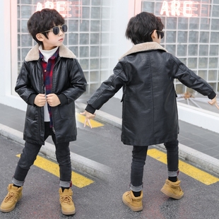 男童冬季加厚加绒中长款皮衣外套2024韩版男孩大童皮夹克风衣