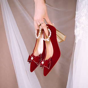 主婚纱婚鞋不累脚2022年水晶，红色礼服中式新娘禾秀两穿高跟鞋