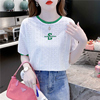 撞色蕾丝镂空白色t恤女短袖，2023夏韩版宽松圆领体恤刺绣上衣