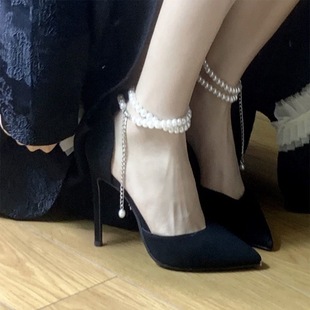 2023仙女风细跟黑色绝美一字，珍珠绑带高跟鞋性感浅口绒面单鞋